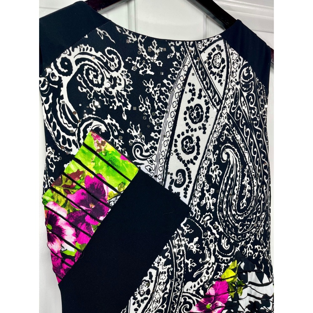 Joseph Ribkoff 12 Black White Pink Green Paisley Floral Sequin Sleeveless Dress - Picture 7 of 10